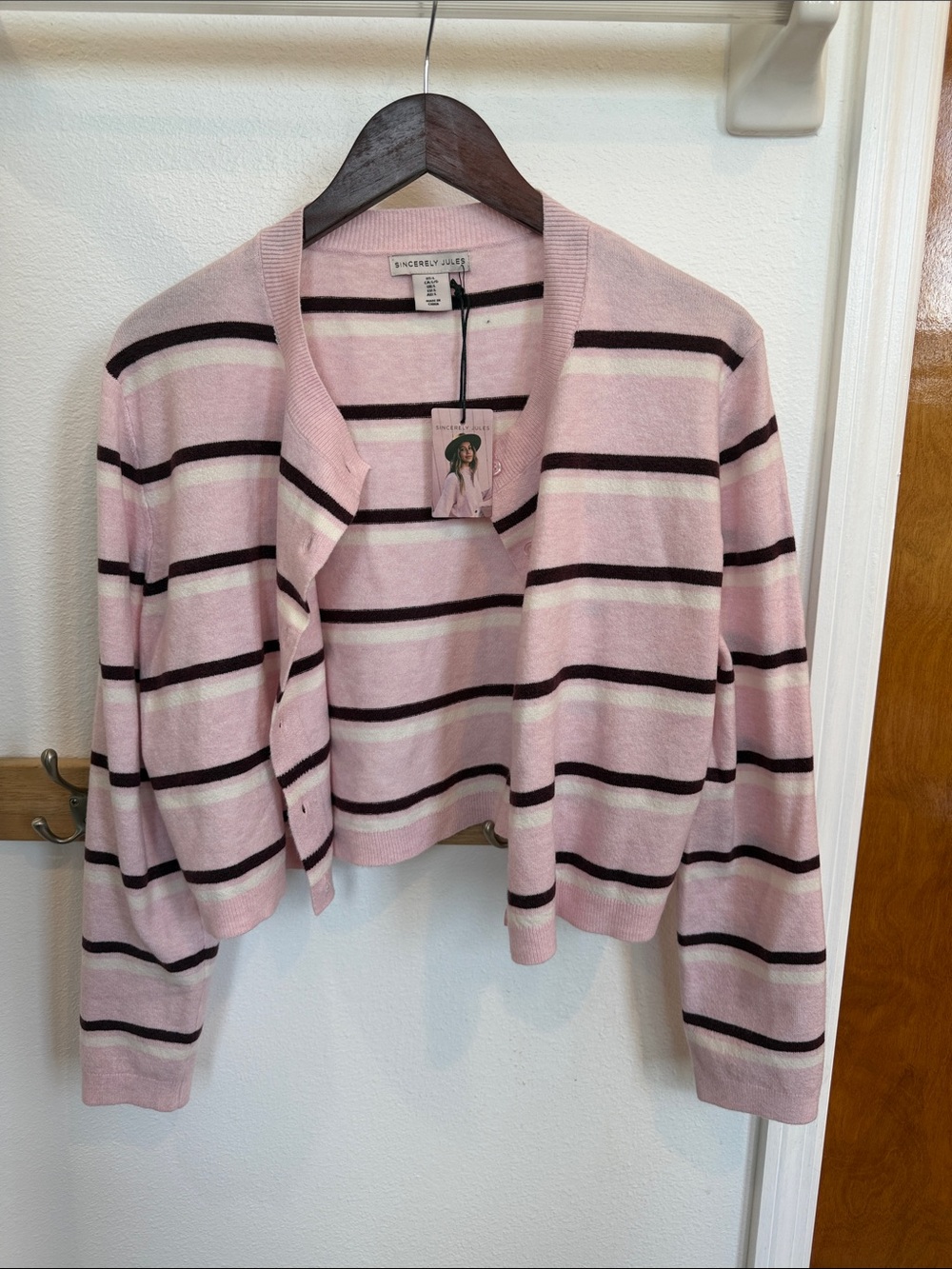 Sincerly Jules Light Pink Black Cream Striped Cropped Cardigan